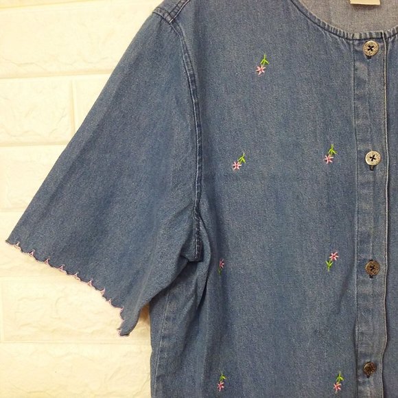 Vintage 80s Toffee Apple Denim Shirt -L Embroidered Daisies Button-Up Vents SS - Picture 3 of 10